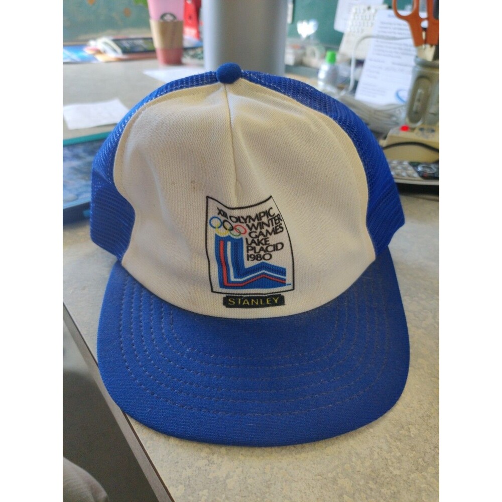 1980 LAKE PLACID Winter Olympics mesh snapback TRUCKERS HAT blue & white Vtg